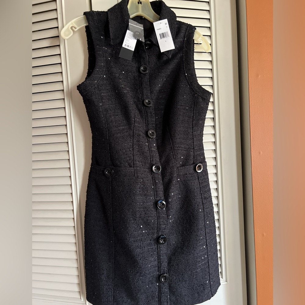 Sleeveless Black Tweed Button-Front Mini Dress